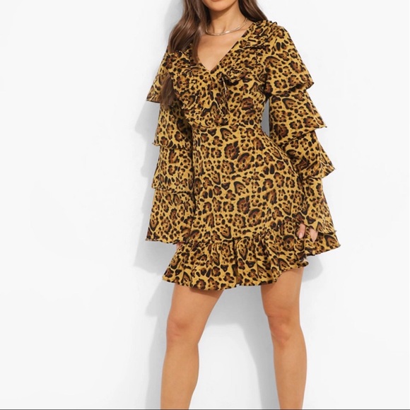 🐆 LEOPARD PRINT RUFFLE LONG SLEEVE DRESS! - Picture 1 of 8